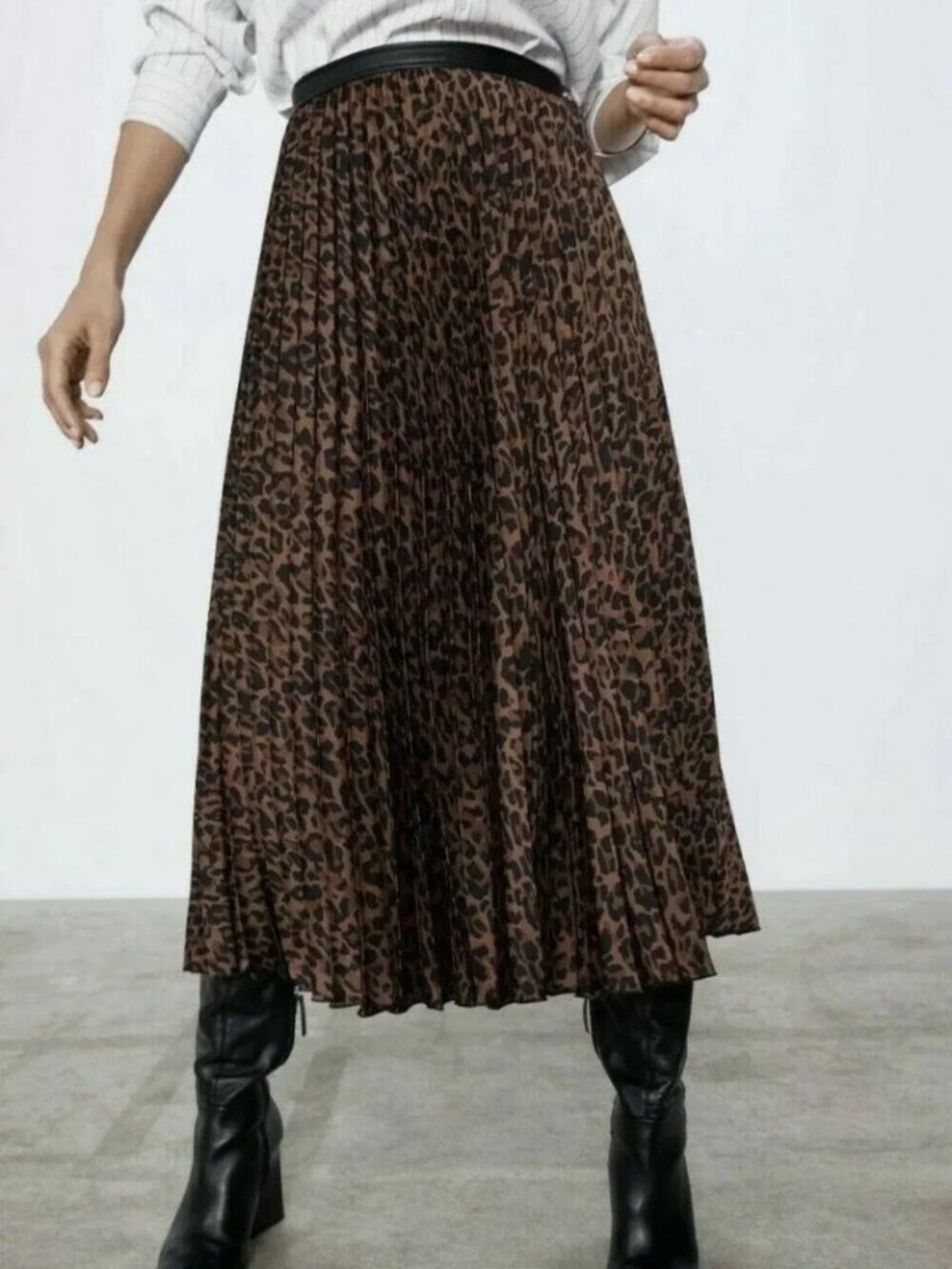 Zara NWT Leopard Print Pleated Midi Skirt S Animal Print